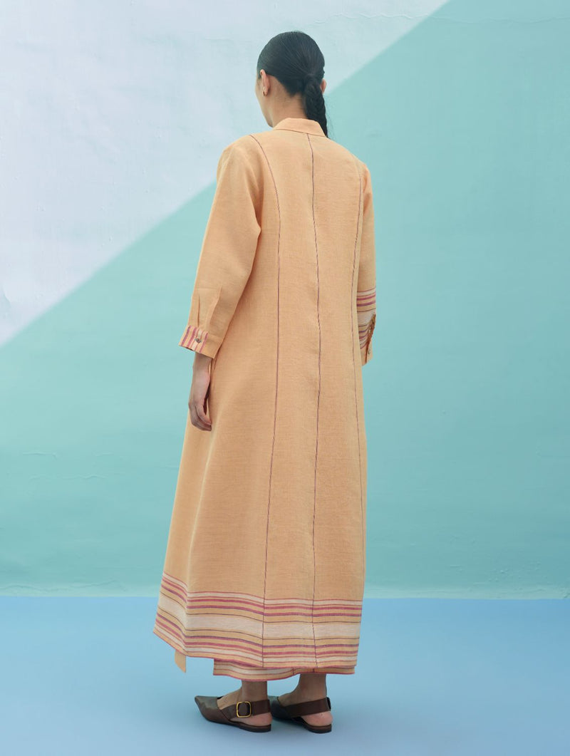 Beli Sleeveless Border Linen Dress with Overlay - Apricot linen dress by Manan in apricot for women in Singapore