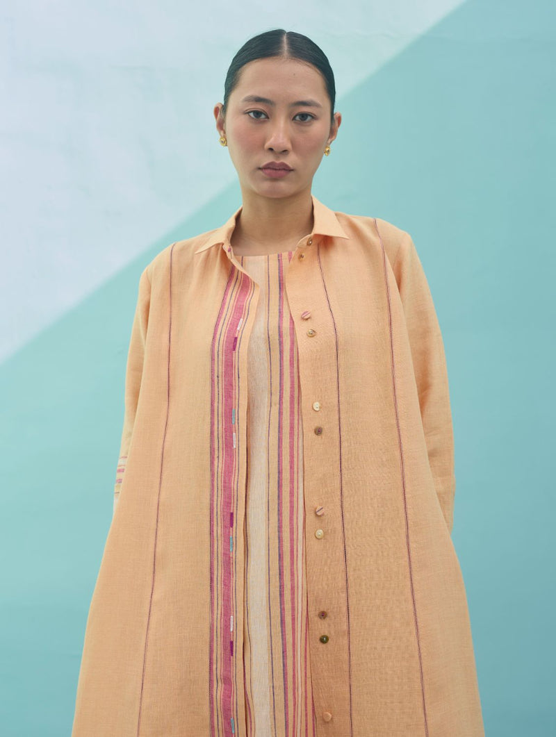 Beli Sleeveless Border Linen Dress with Overlay - Apricot linen dress by Manan in apricot for women in Singapore