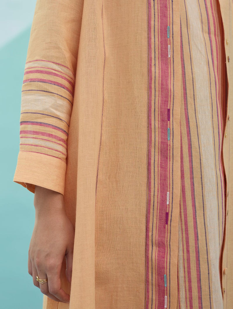 Beli Sleeveless Border Linen Dress with Overlay - Apricot linen dress by Manan in apricot for women in Singapore