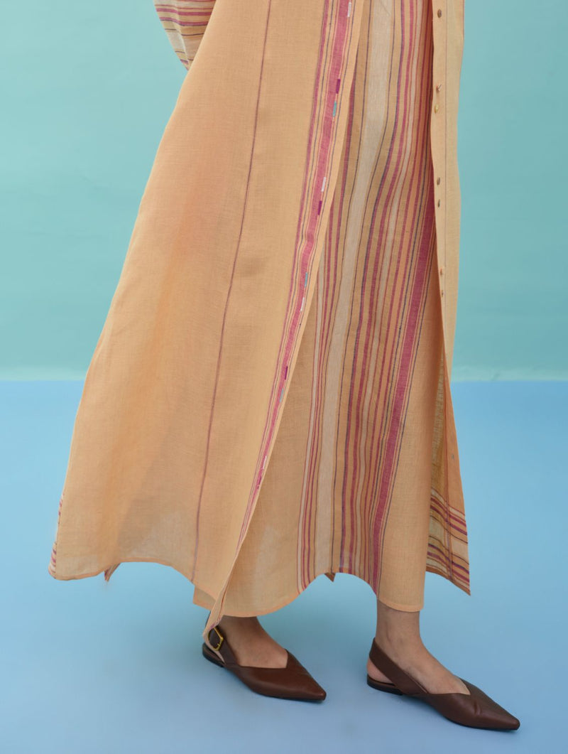 Beli Sleeveless Border Linen Dress with Overlay - Apricot linen dress by Manan in apricot for women in Singapore