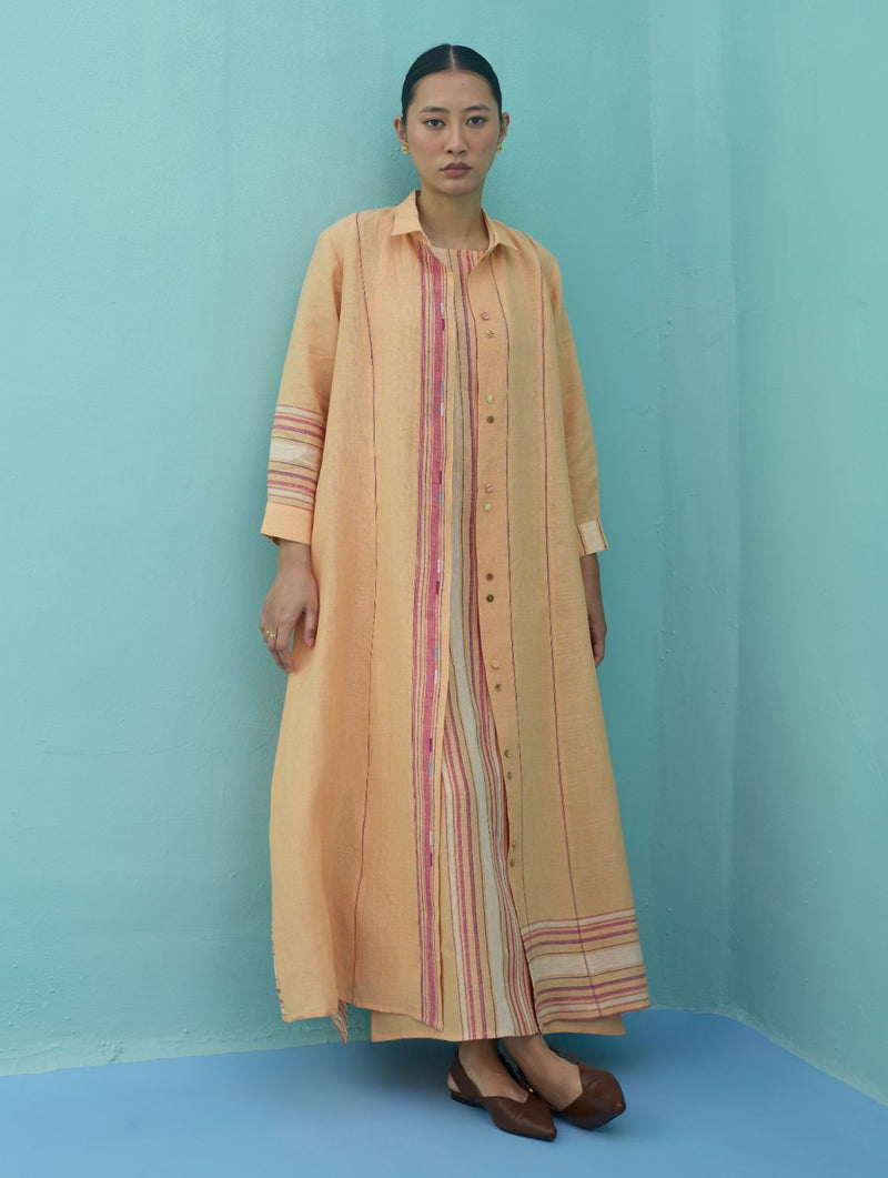 Beli Sleeveless Border Linen Dress with Overlay - Apricot linen dress by Manan in apricot for women in Singapore