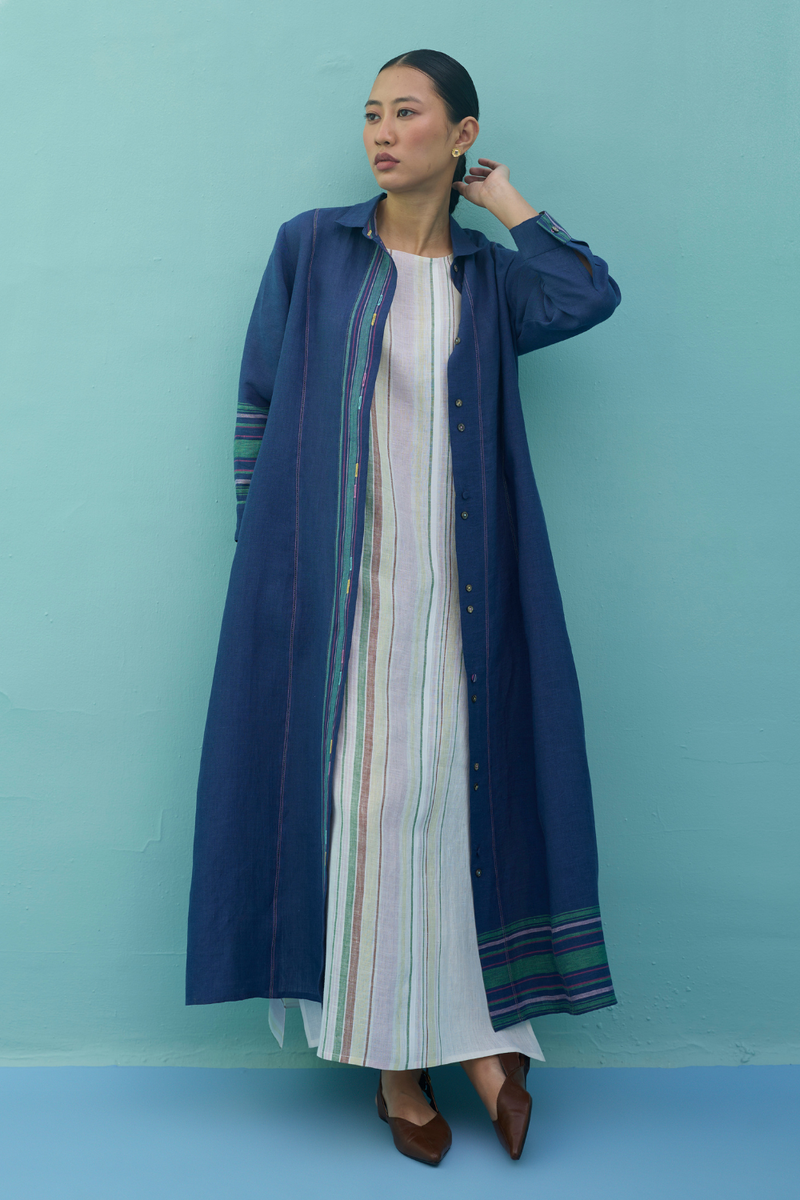 Beli Sleeveless Border Linen Dress with Overlay - Ivory linen dress by Manan in ivory for women in Singapore
