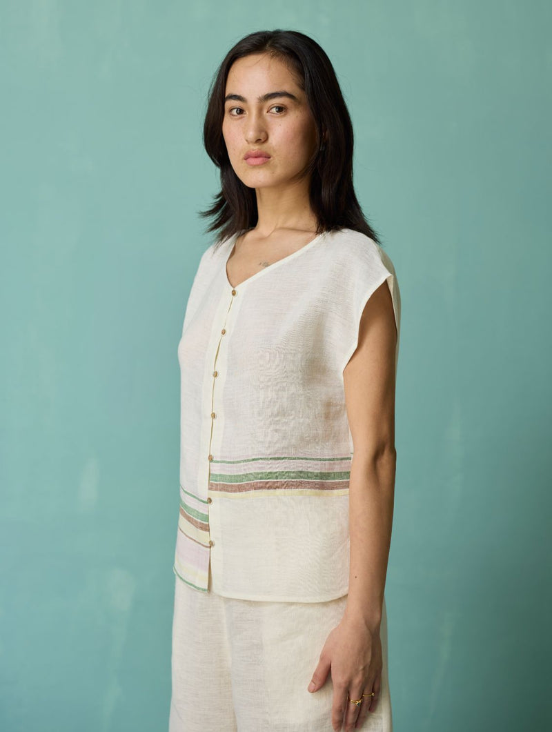 Xora Border Linen Cap-Sleeve Co-ord Set - Ivory linen co-ord set by Manan in ivory for women in Singapore