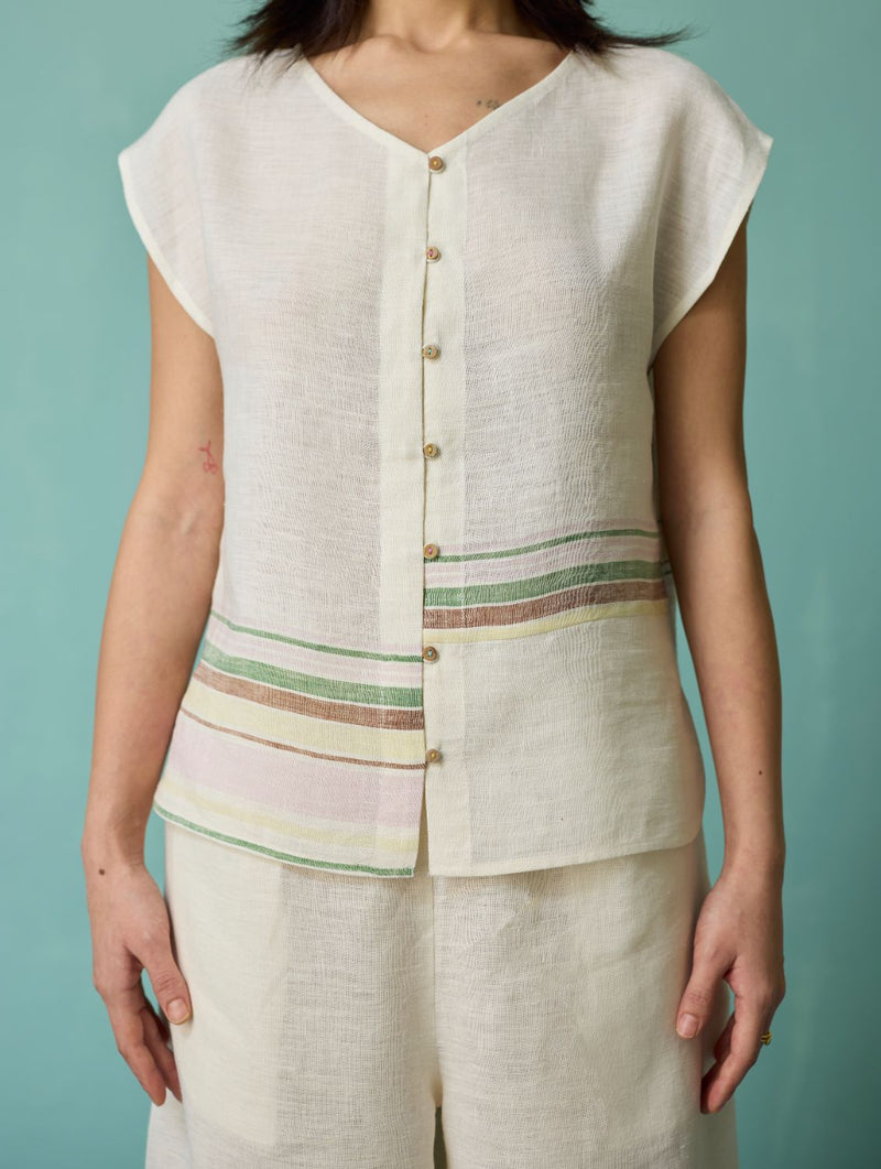 Xora Border Linen Cap-Sleeve Co-ord Set - Ivory linen co-ord set by Manan in ivory for women in Singapore