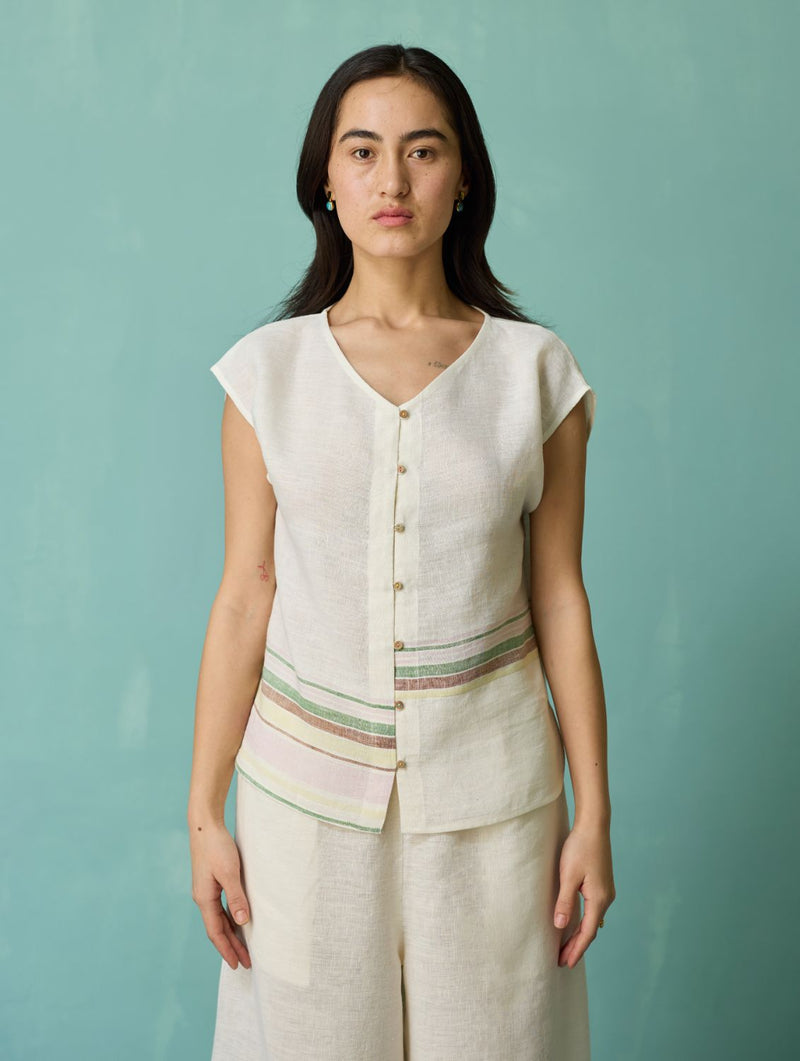Xora Border Linen Cap-Sleeve Co-ord Set - Ivory linen co-ord set by Manan in ivory for women in Singapore