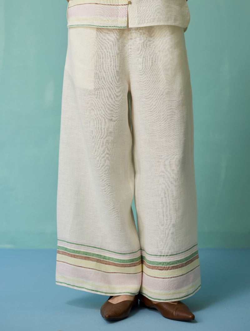 Xora Border Linen Cap-Sleeve Co-ord Set - Ivory linen co-ord set by Manan in ivory for women in Singapore