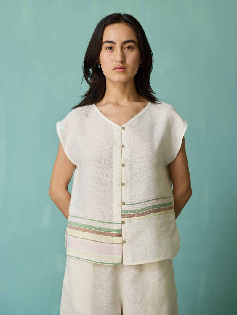 Xora Border Linen Cap-Sleeve Co-ord Set - Ivory linen co-ord set by Manan in ivory for women in Singapore