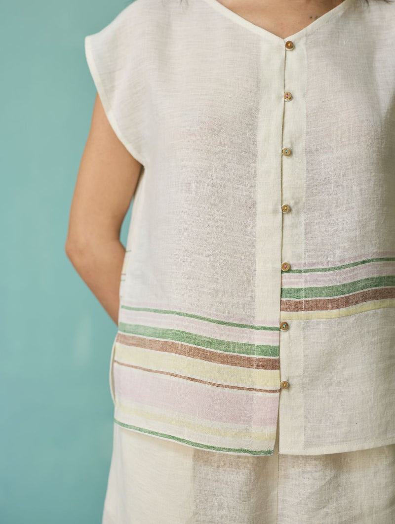 Xora Border Linen Cap-Sleeve Co-ord Set - Ivory linen co-ord set by Manan in ivory for women in Singapore