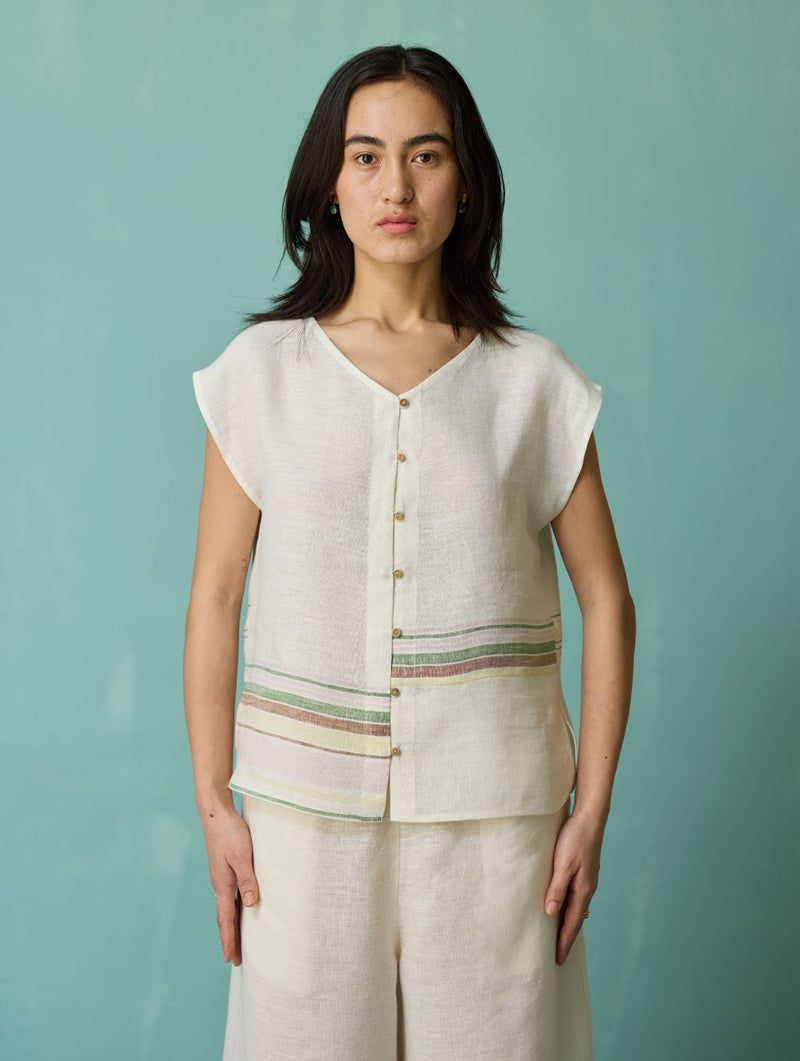 Xora Border Linen Cap-Sleeve Co-ord Set - Ivory linen co-ord set by Manan in ivory for women in Singapore