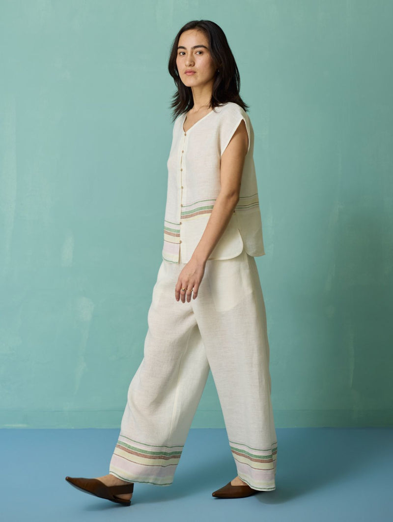 Xora Border Linen Cap-Sleeve Co-ord Set - Ivory linen co-ord set by Manan in ivory for women in Singapore
