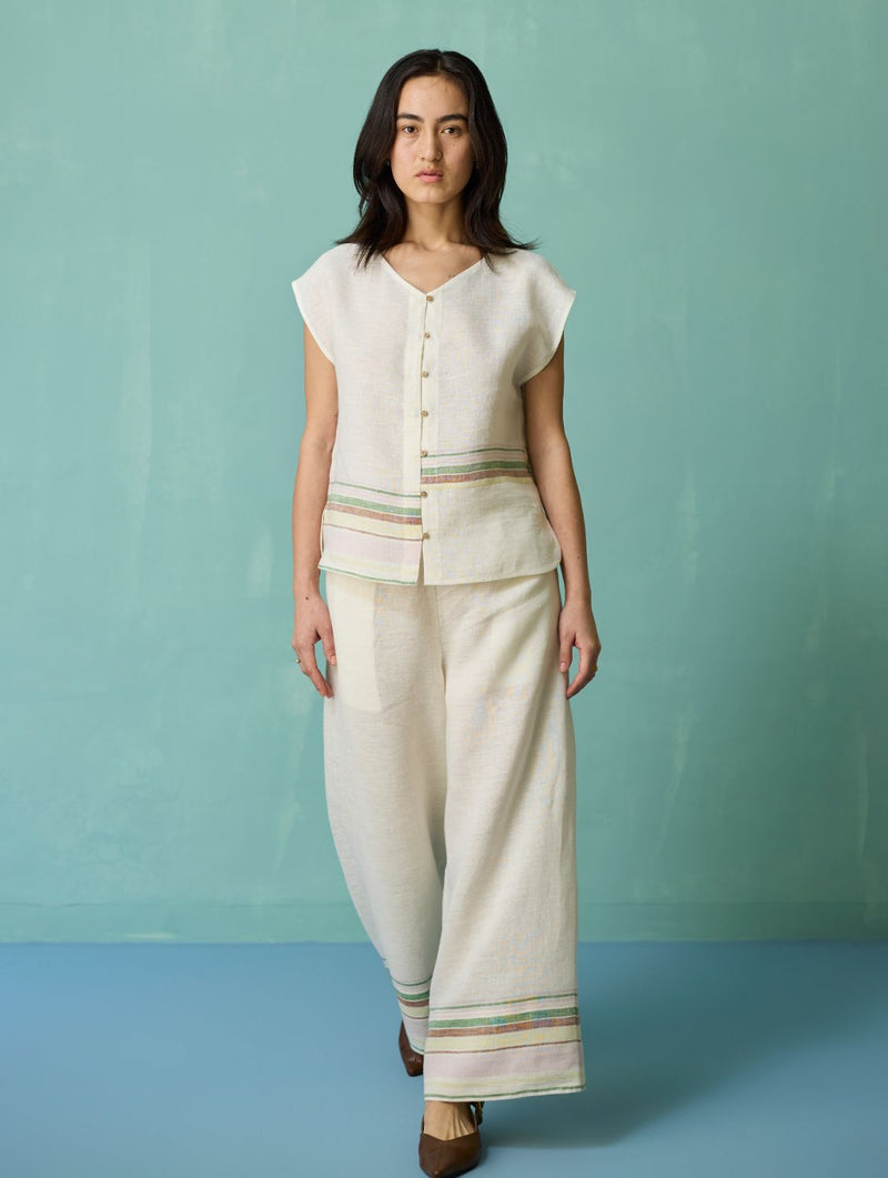 Xora Border Linen Cap-Sleeve Co-ord Set - Ivory linen co-ord set by Manan in ivory for women in Singapore
