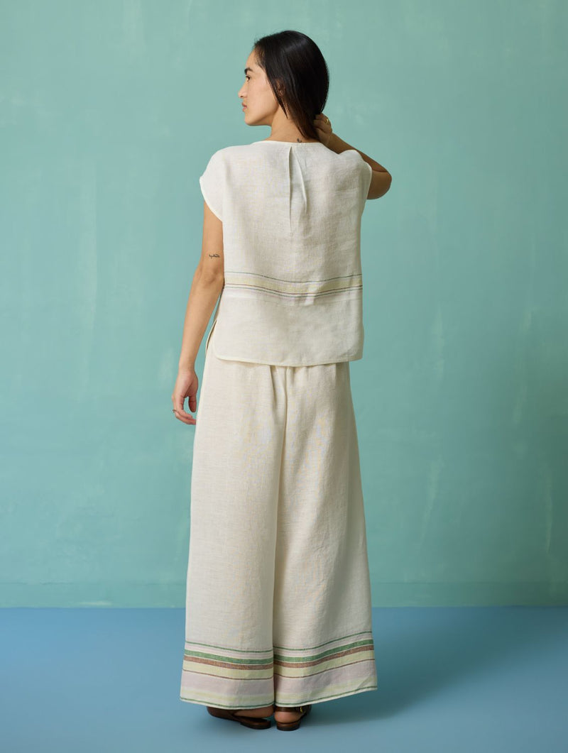Xora Border Linen Cap-Sleeve Co-ord Set - Ivory linen co-ord set by Manan in ivory for women in Singapore