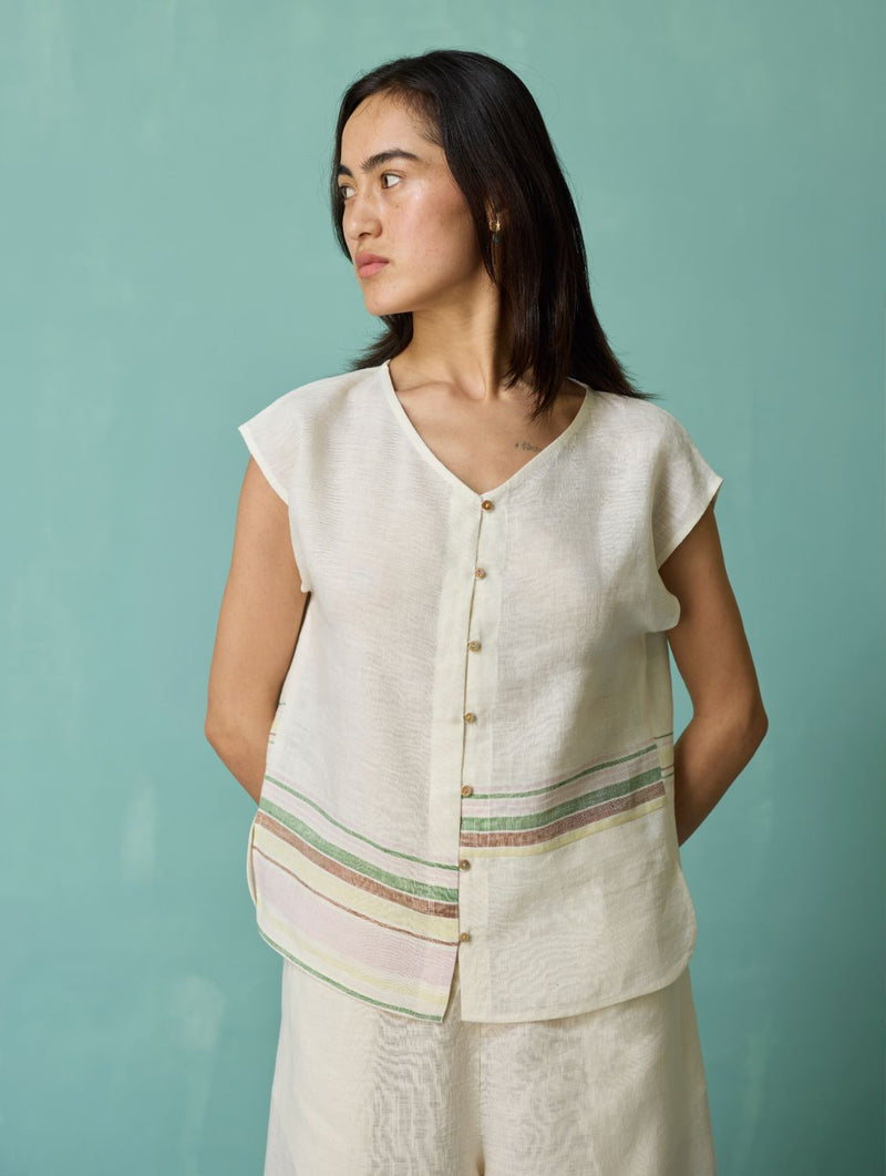 Xora Border Linen Cap-Sleeve Co-ord Set - Ivory linen co-ord set by Manan in ivory for women in Singapore