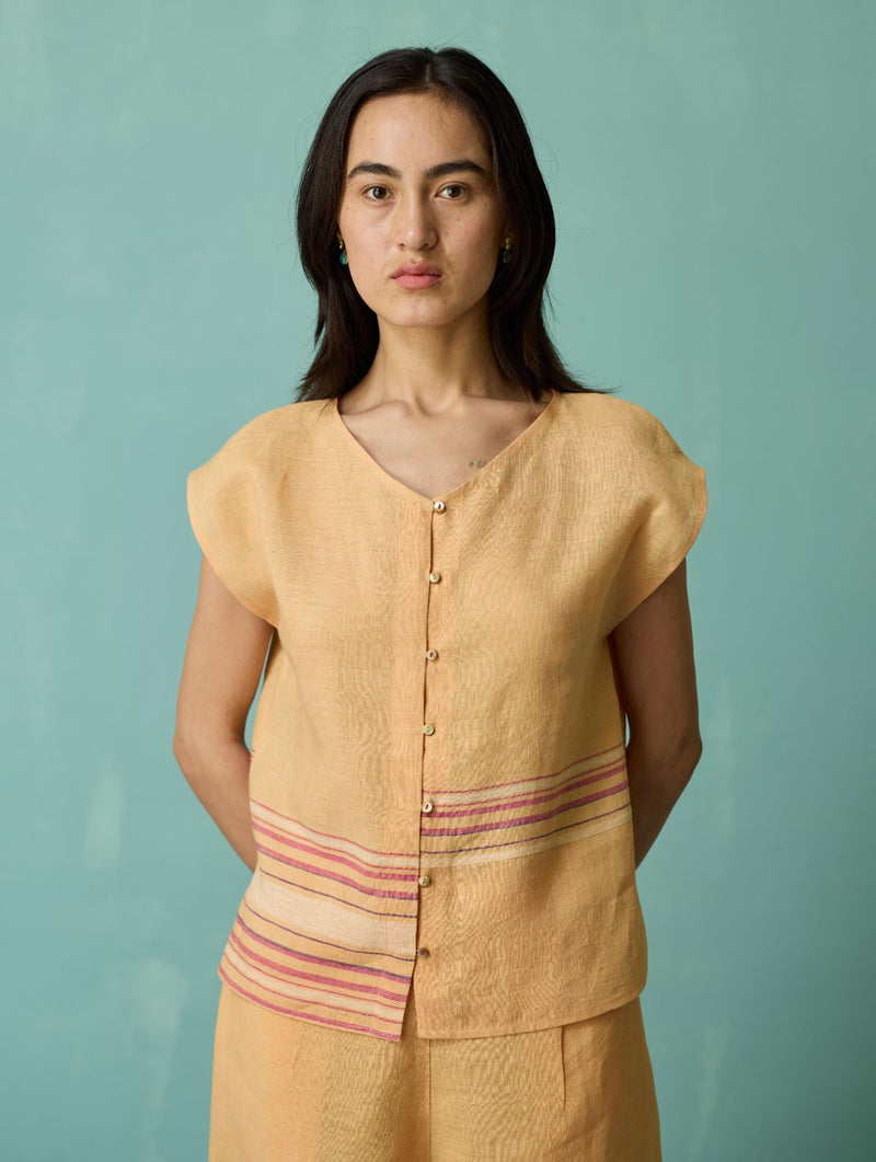 Xora Border Linen Cap-Sleeve Co-ord Set - Apricot linen co-ord set by Manan in apricot for women in Singapore