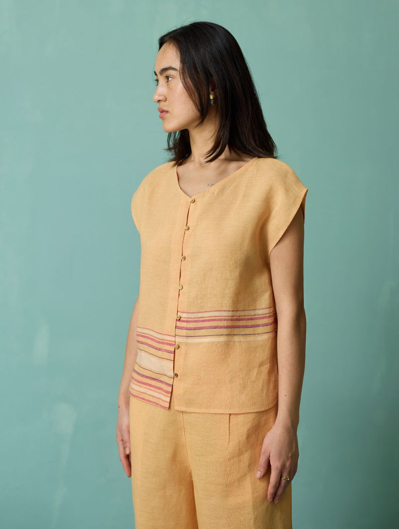 Xora Border Linen Cap-Sleeve Co-ord Set - Apricot linen co-ord set by Manan in apricot for women in Singapore