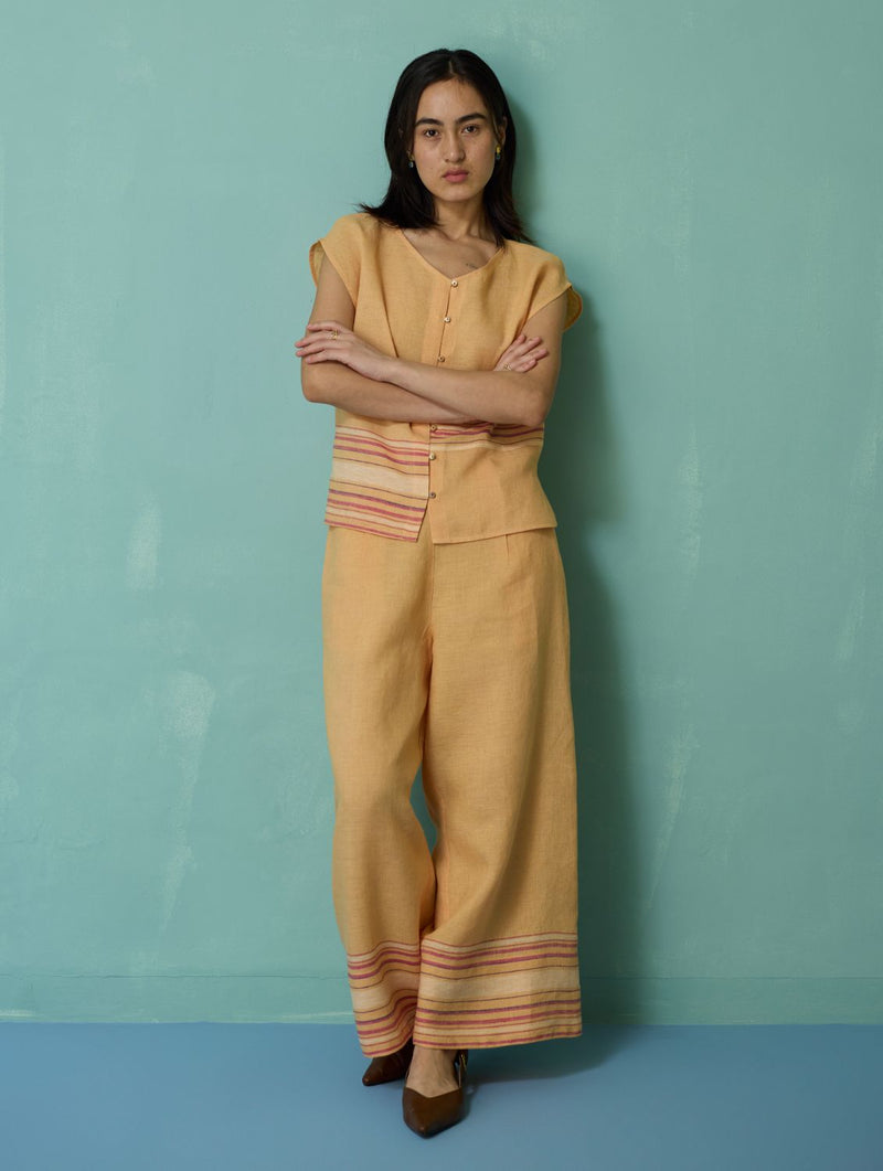 Xora Border Linen Cap-Sleeve Co-ord Set - Apricot linen co-ord set by Manan in apricot for women in Singapore