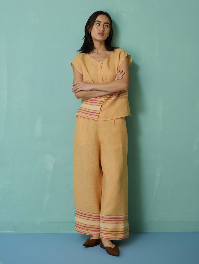 Xora Border Linen Cap-Sleeve Co-ord Set - Apricot linen co-ord set by Manan in apricot for women in Singapore