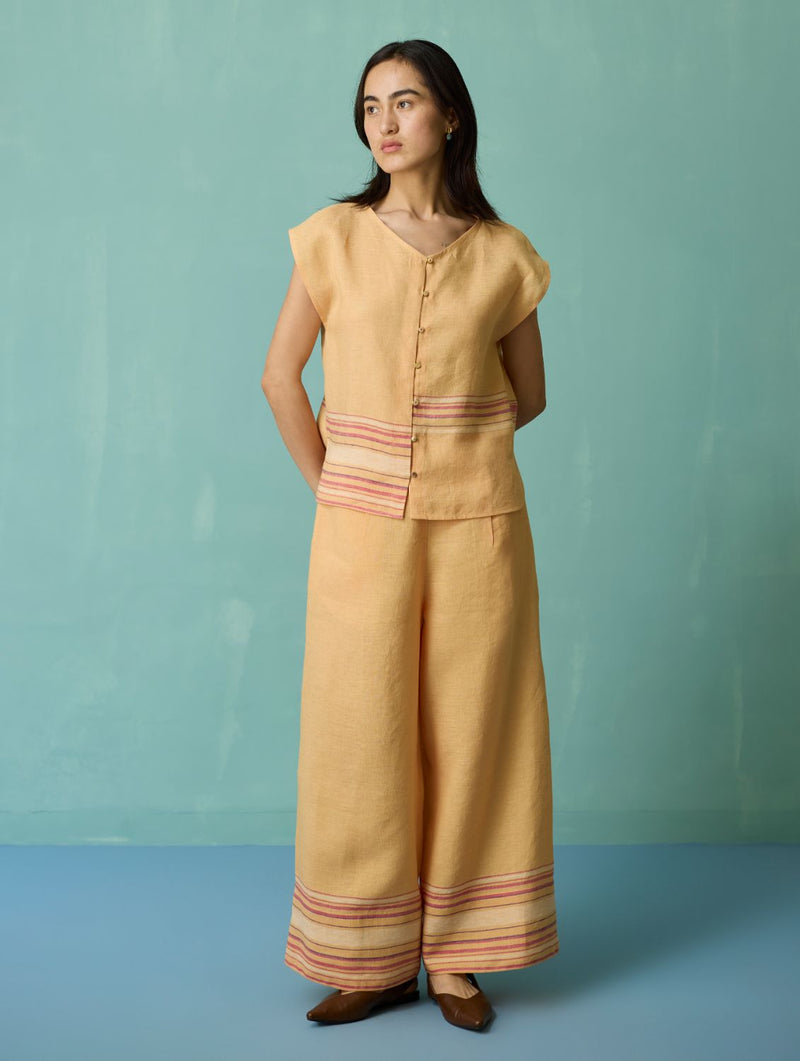 Xora Border Linen Cap-Sleeve Co-ord Set - Apricot linen co-ord set by Manan in apricot for women in Singapore