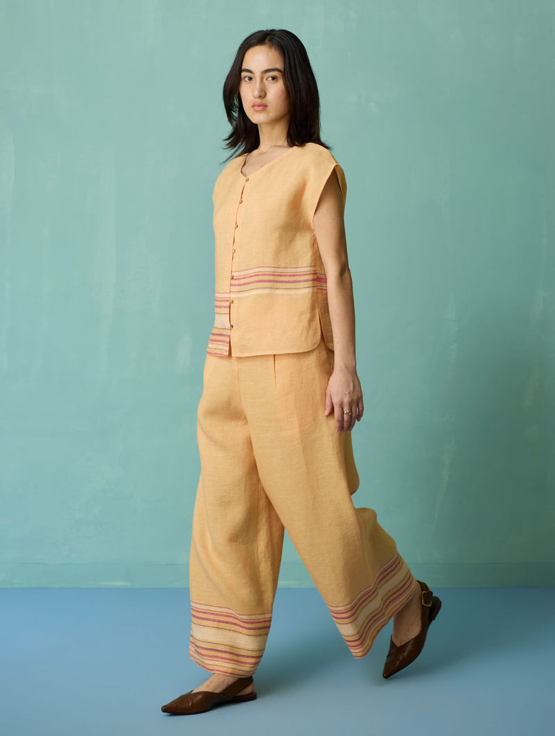 Xora Border Linen Cap-Sleeve Co-ord Set - Apricot linen co-ord set by Manan in apricot for women in Singapore