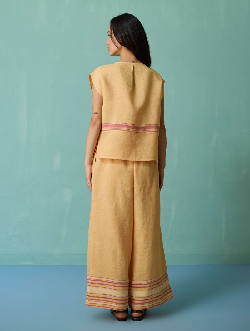 Xora Border Linen Cap-Sleeve Co-ord Set - Apricot linen co-ord set by Manan in apricot for women in Singapore