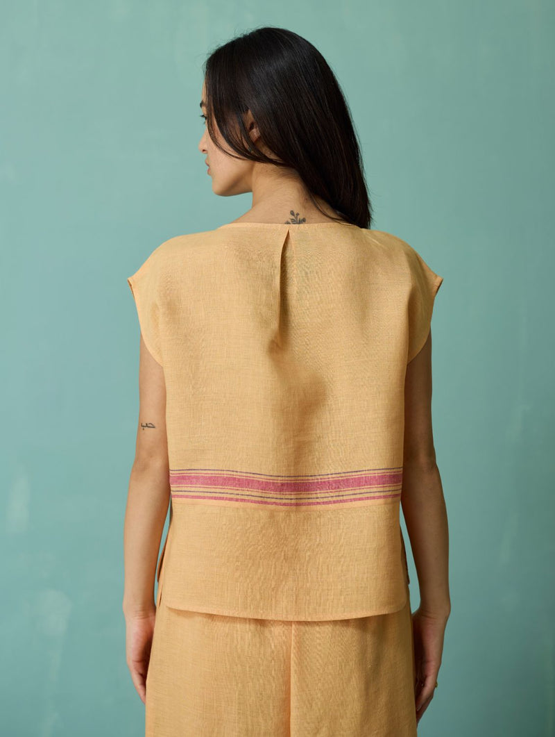 Xora Border Linen Cap-Sleeve Co-ord Set - Apricot linen co-ord set by Manan in apricot for women in Singapore
