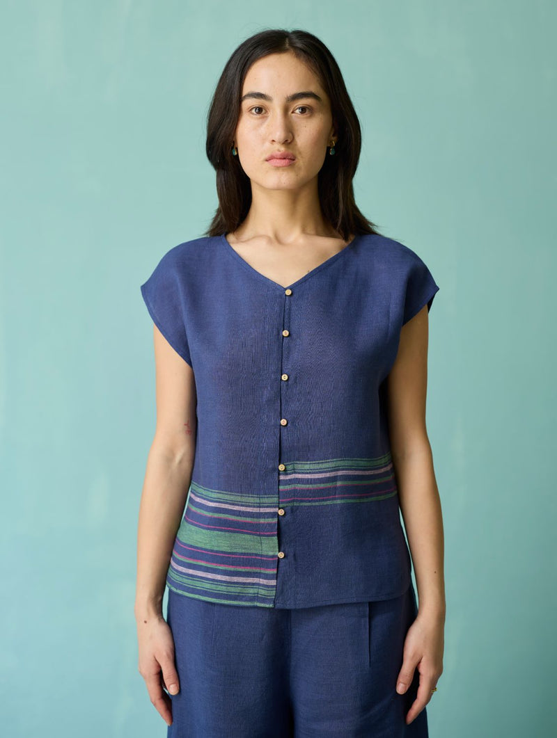 Xora Border Linen Cap-Sleeve Co-ord Set - Indigo linen co-ord set by Manan in navy for women in Singapore