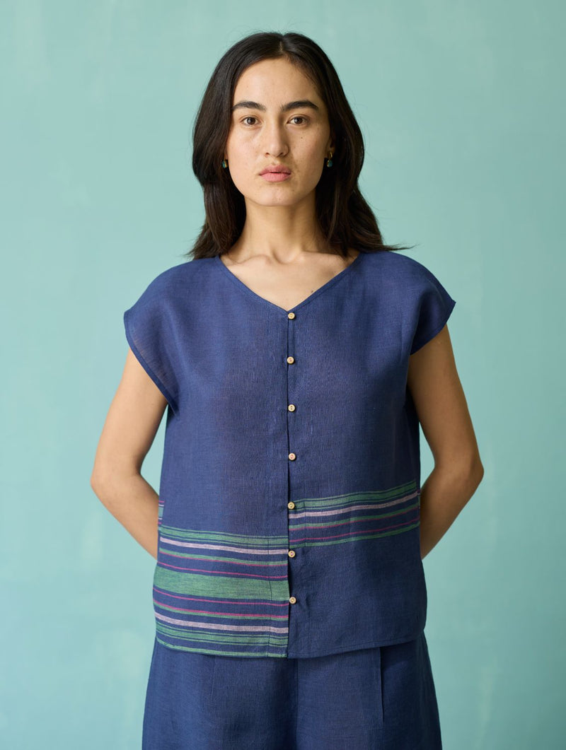Xora Border Linen Cap-Sleeve Co-ord Set - Indigo linen co-ord set by Manan in navy for women in Singapore