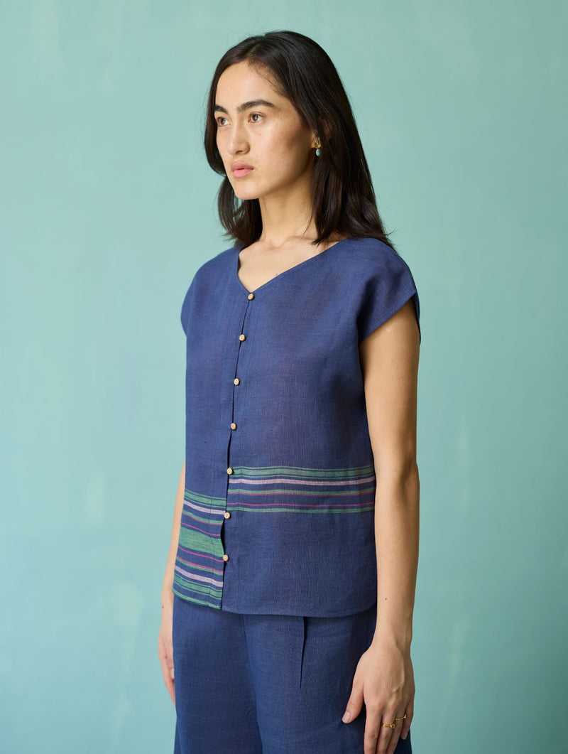 Xora Border Linen Cap-Sleeve Co-ord Set - Indigo linen co-ord set by Manan in navy for women in Singapore