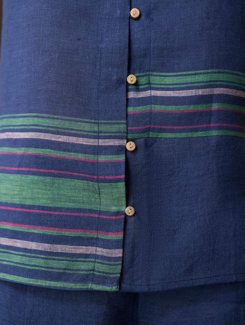 Xora Border Linen Cap-Sleeve Co-ord Set - Indigo linen co-ord set by Manan in navy for women in Singapore