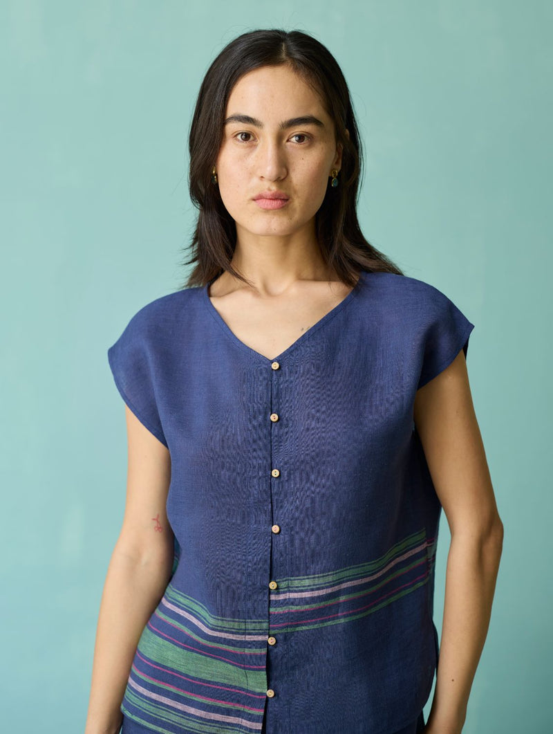 Xora Border Linen Cap-Sleeve Co-ord Set - Indigo linen co-ord set by Manan in navy for women in Singapore