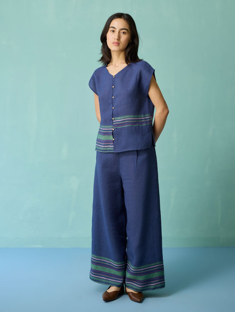 Xora Border Linen Cap-Sleeve Co-ord Set - Indigo linen co-ord set by Manan in navy for women in Singapore