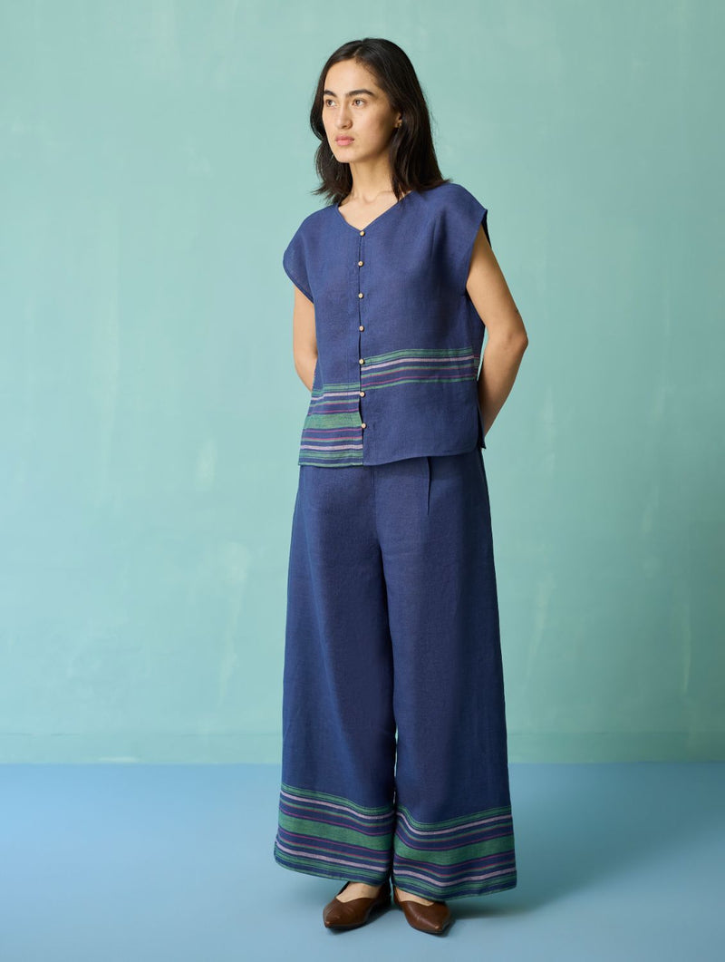 Xora Border Linen Cap-Sleeve Co-ord Set - Indigo linen co-ord set by Manan in navy for women in Singapore