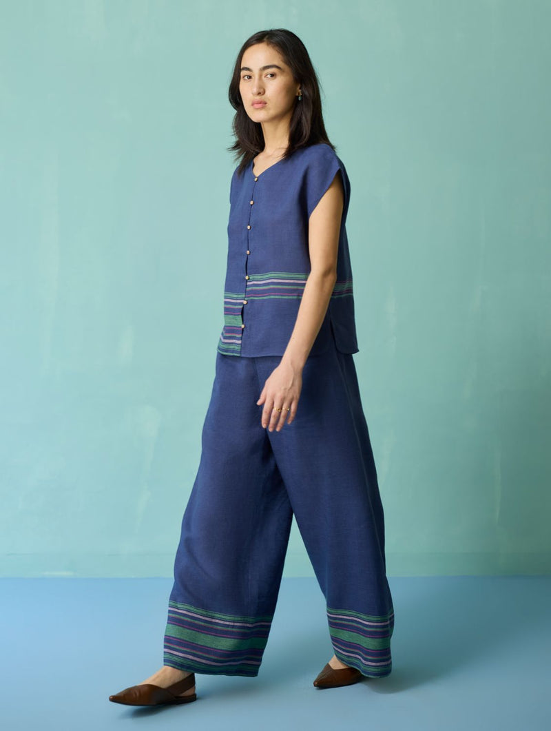 Xora Border Linen Cap-Sleeve Co-ord Set - Indigo linen co-ord set by Manan in navy for women in Singapore