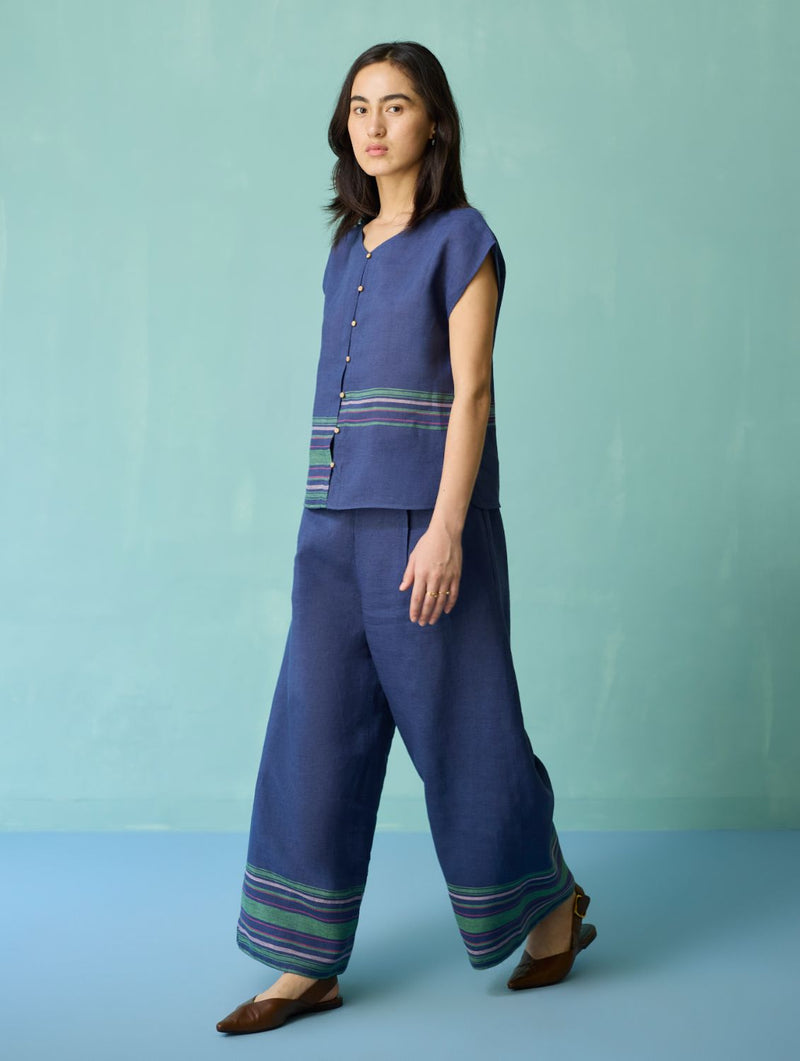 Xora Border Linen Cap-Sleeve Co-ord Set - Indigo linen co-ord set by Manan in navy for women in Singapore