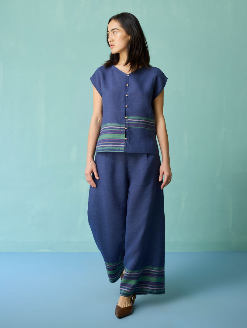 Xora Border Linen Cap-Sleeve Co-ord Set - Indigo linen co-ord set by Manan in navy for women in Singapore