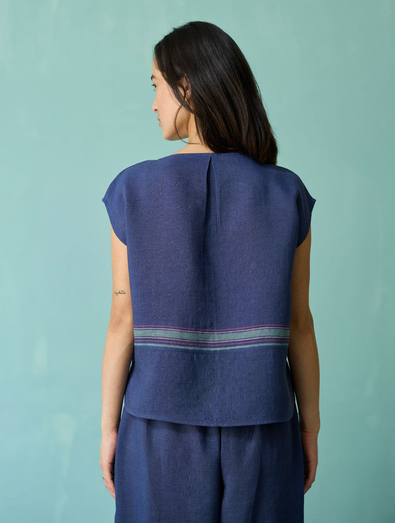 Xora Border Linen Cap-Sleeve Co-ord Set - Indigo linen co-ord set by Manan in navy for women in Singapore