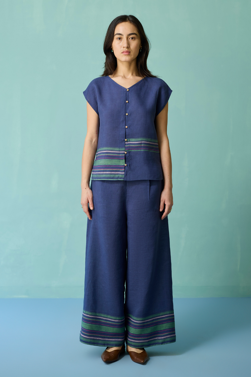 Xora Border Linen Cap-Sleeve Co-ord Set - Indigo linen co-ord set by Manan in navy for women in Singapore