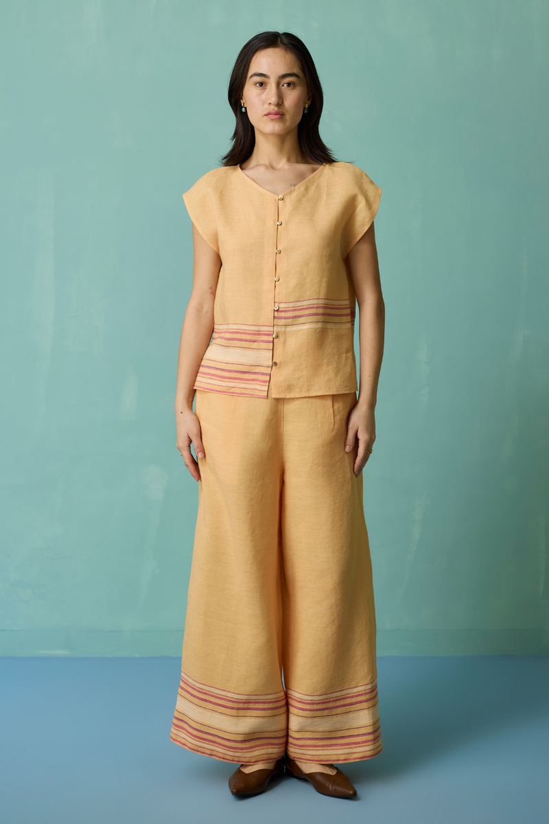 Xora Border Linen Cap-Sleeve Co-ord Set - Apricot linen co-ord set by Manan in apricot for women in Singapore