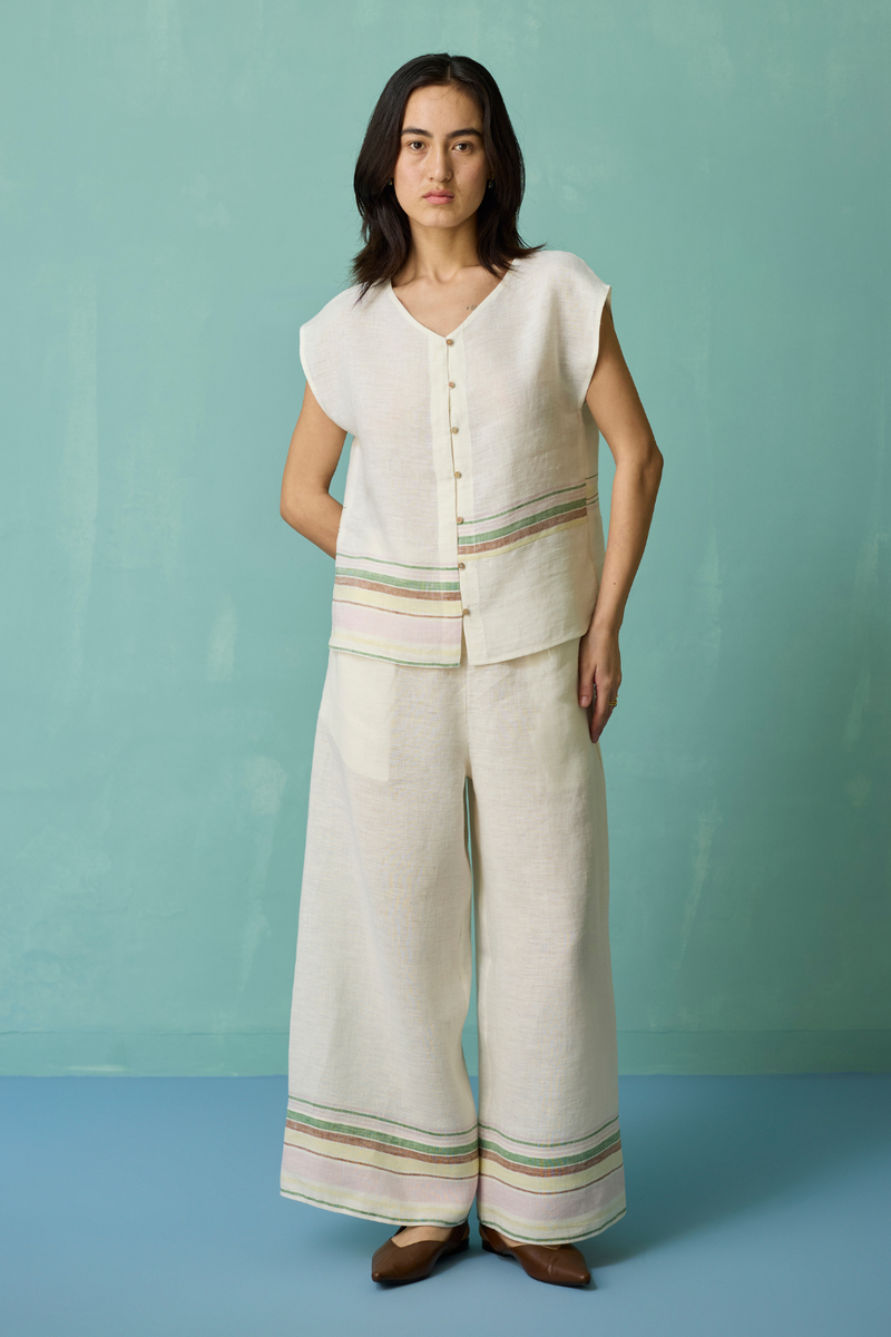 Xora Border Linen Cap-Sleeve Co-ord Set - Ivory linen co-ord set by Manan in ivory for women in Singapore