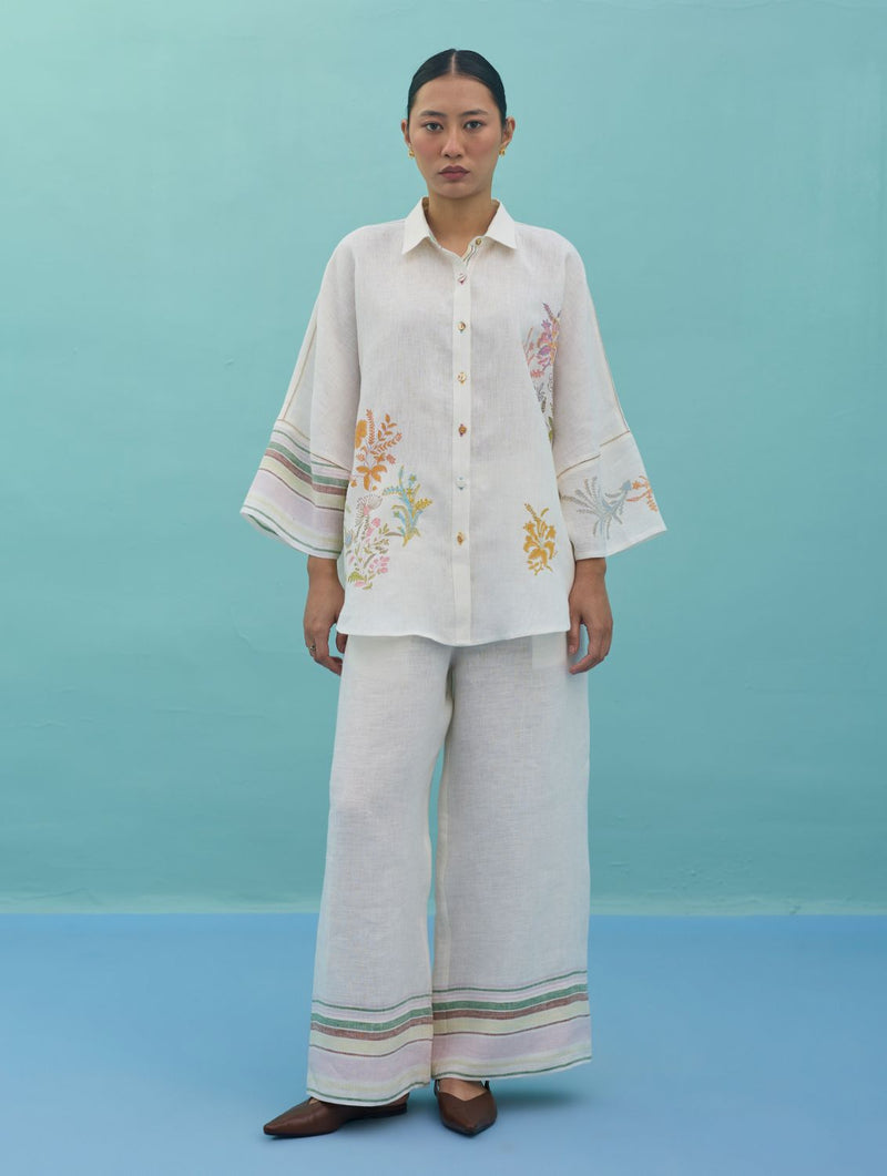 Iva Block Printed Embroidered Co-ord Set - Ivory linen co-ord set by Manan in ivory for women in Singapore
