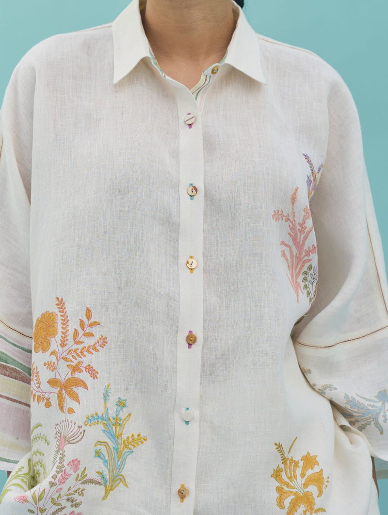 Iva Block Printed Embroidered Co-ord Set - Ivory linen co-ord set by Manan in ivory for women in Singapore