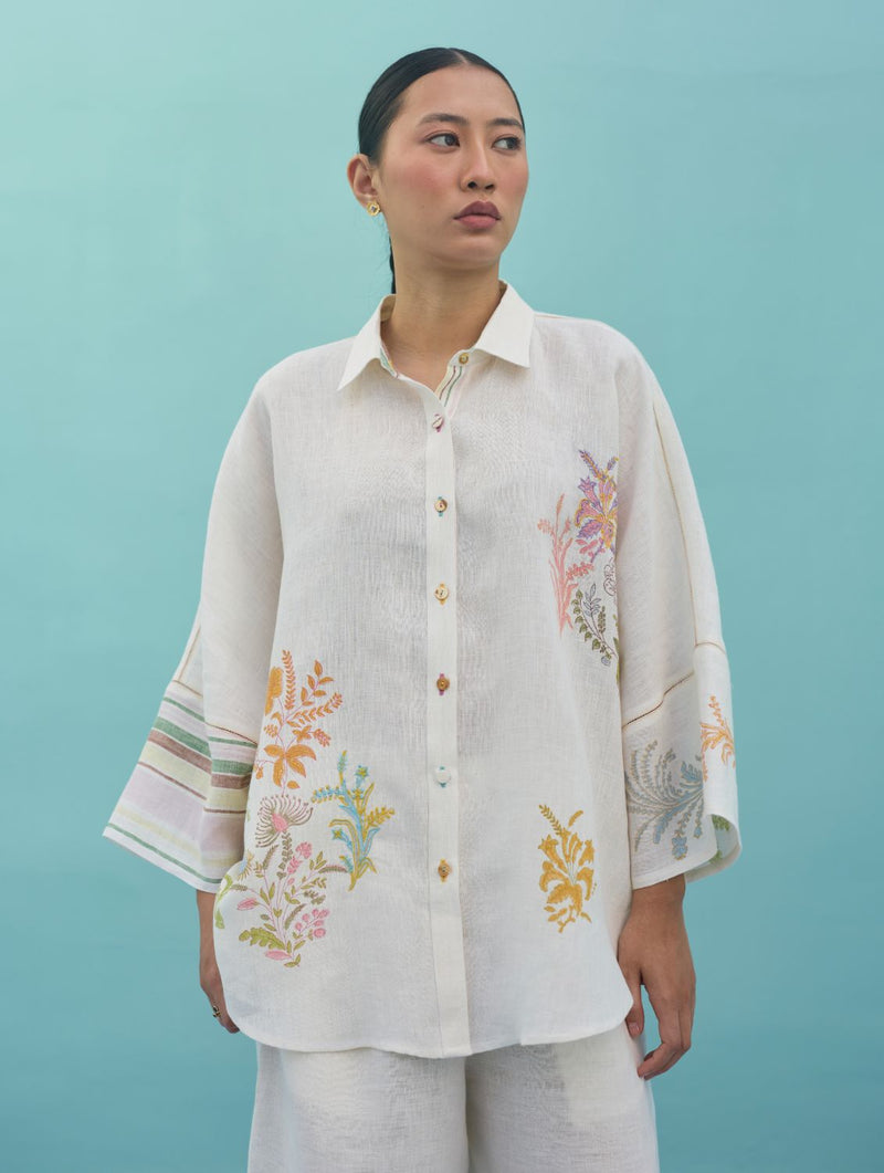Iva Block Printed Embroidered Co-ord Set - Ivory linen co-ord set by Manan in ivory for women in Singapore