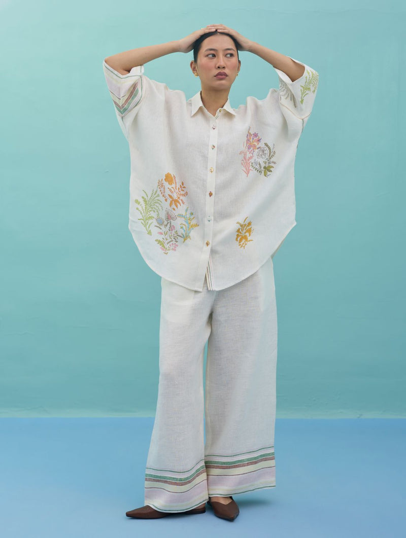 Iva Block Printed Embroidered Co-ord Set - Ivory linen co-ord set by Manan in ivory for women in Singapore