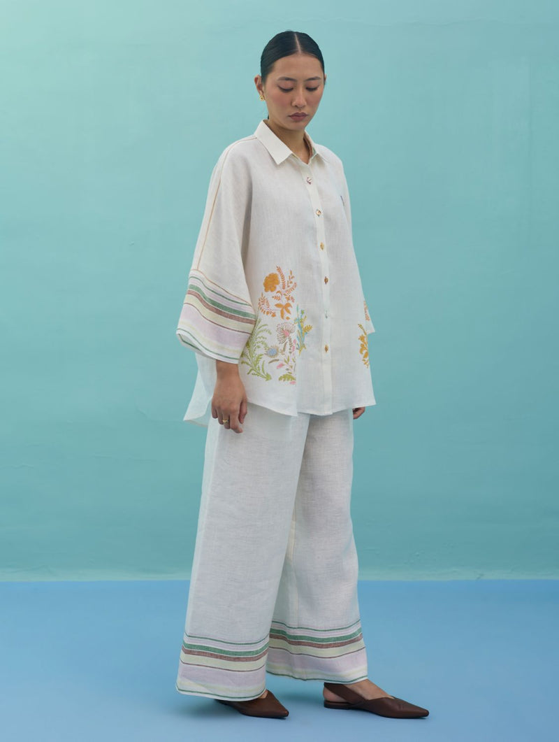 Iva Block Printed Embroidered Co-ord Set - Ivory linen co-ord set by Manan in ivory for women in Singapore