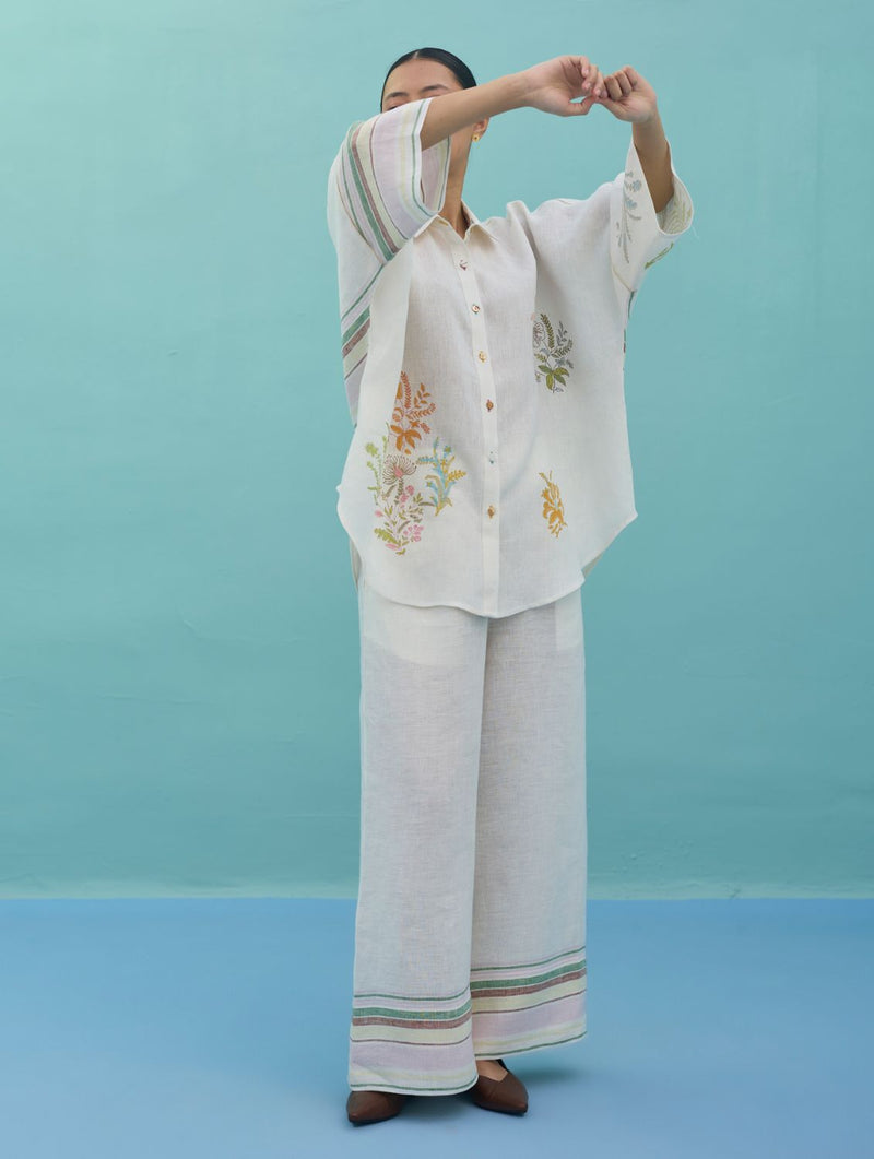 Iva Block Printed Embroidered Co-ord Set - Ivory linen co-ord set by Manan in ivory for women in Singapore