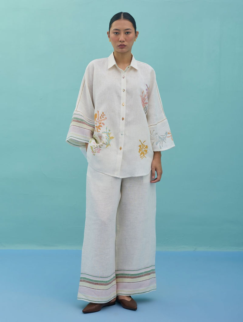 Iva Block Printed Embroidered Co-ord Set - Ivory linen co-ord set by Manan in ivory for women in Singapore