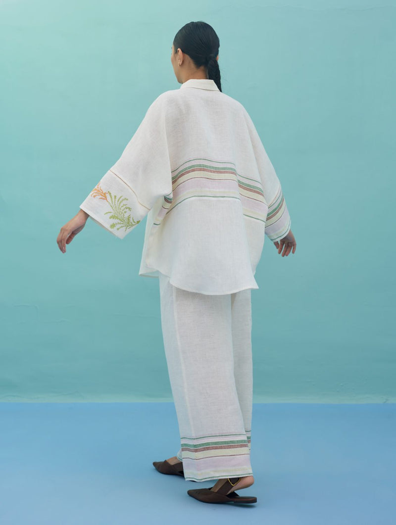 Iva Block Printed Embroidered Co-ord Set - Ivory linen co-ord set by Manan in ivory for women in Singapore