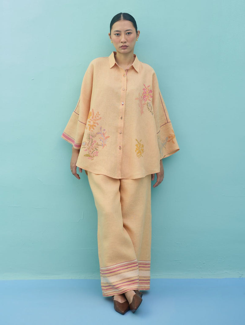 Iva Block Printed Embroidered Co-ord Set - Apricot linen co-ord set by Manan in apricot for women in Singapore