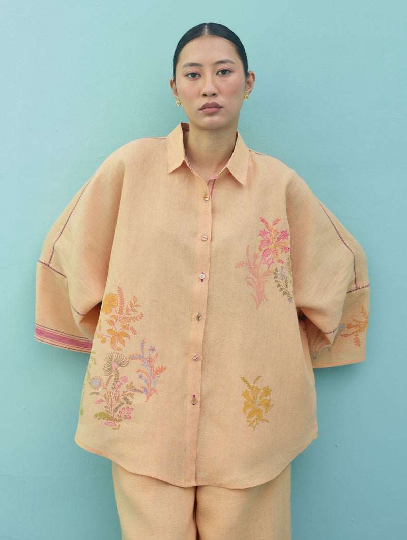 Iva Block Printed Embroidered Co-ord Set - Apricot linen co-ord set by Manan in apricot for women in Singapore