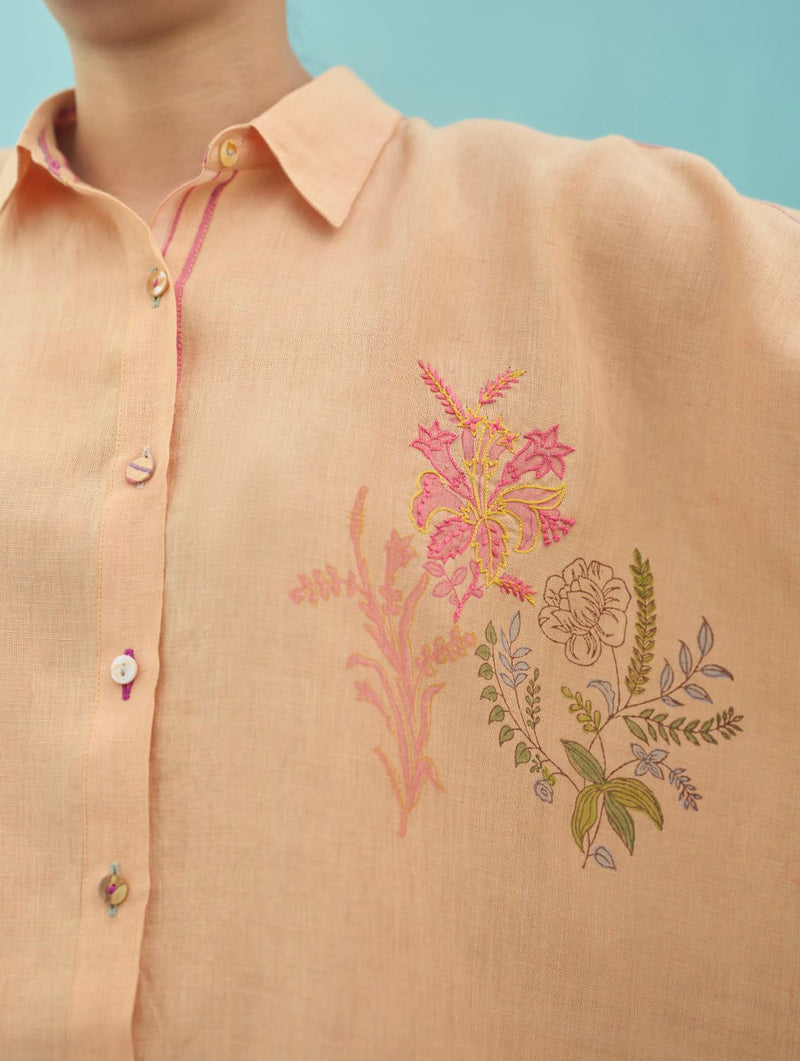 Iva Block Printed Embroidered Co-ord Set - Apricot linen co-ord set by Manan in apricot for women in Singapore